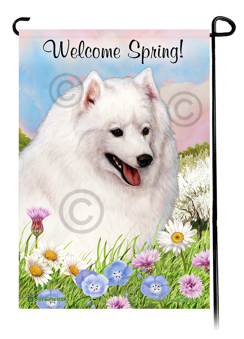 Japanese Spitz Welcome Spring Garden Flags