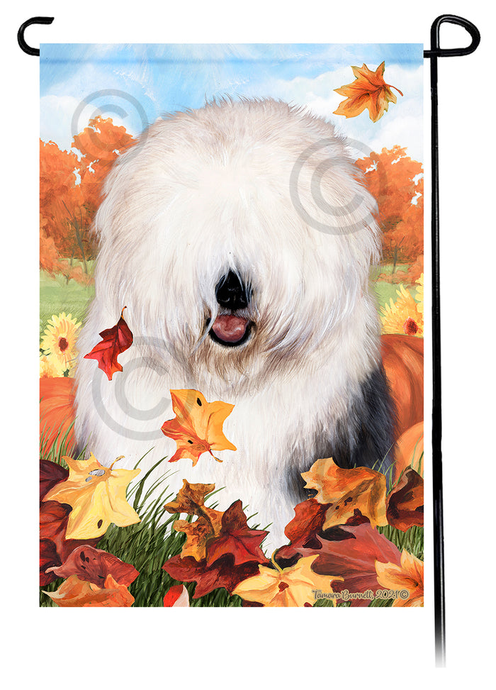 Old English Sheepdog Falling Leaves Garden Flags