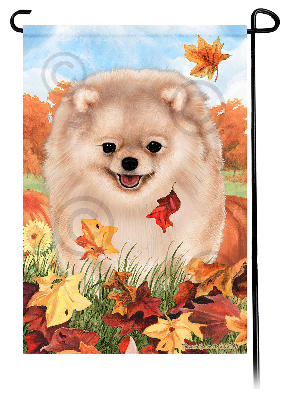 Pomeranian Falling Leaves - Garden Flag