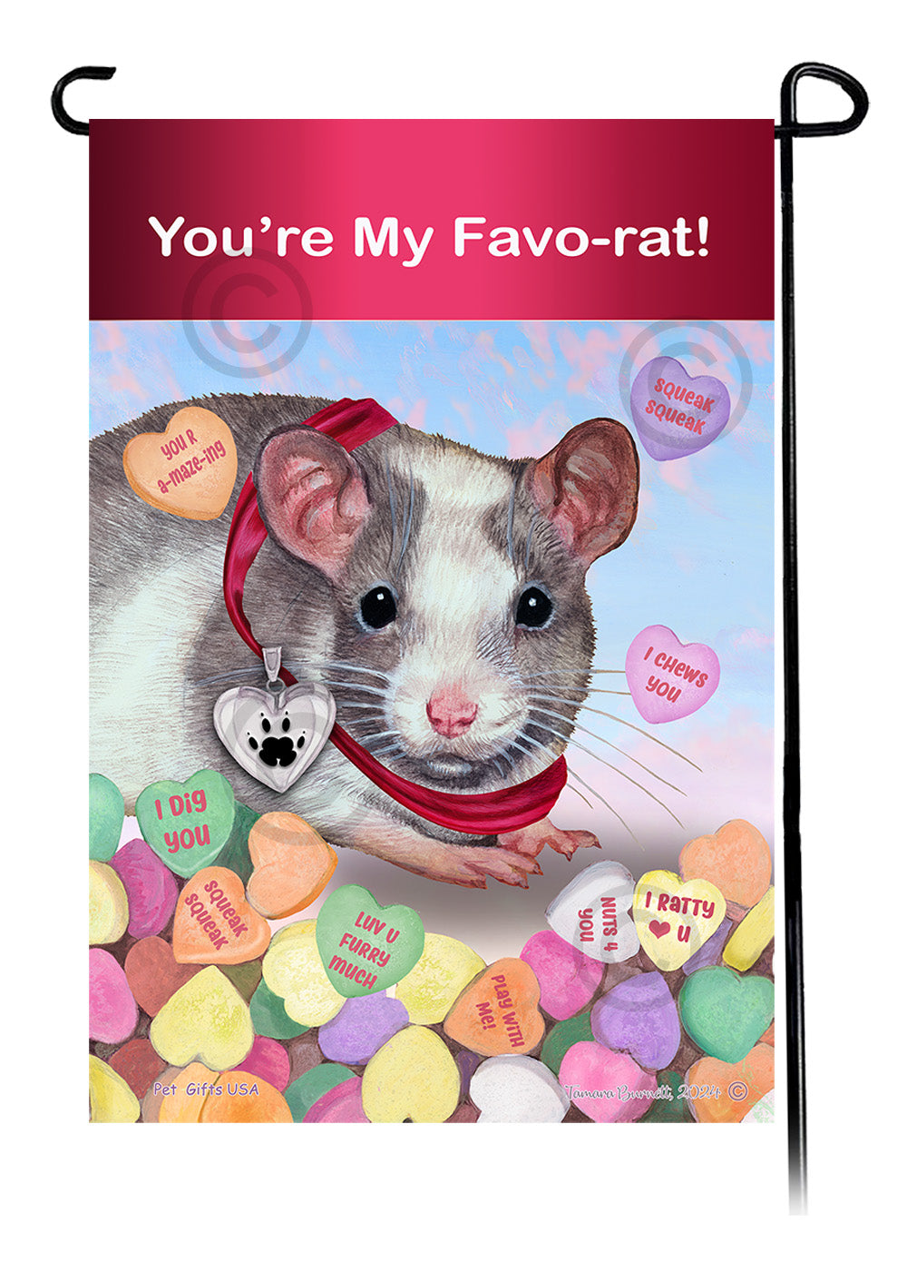 Grey & White Pied Rat Valentine Sweetheart Garden Flags