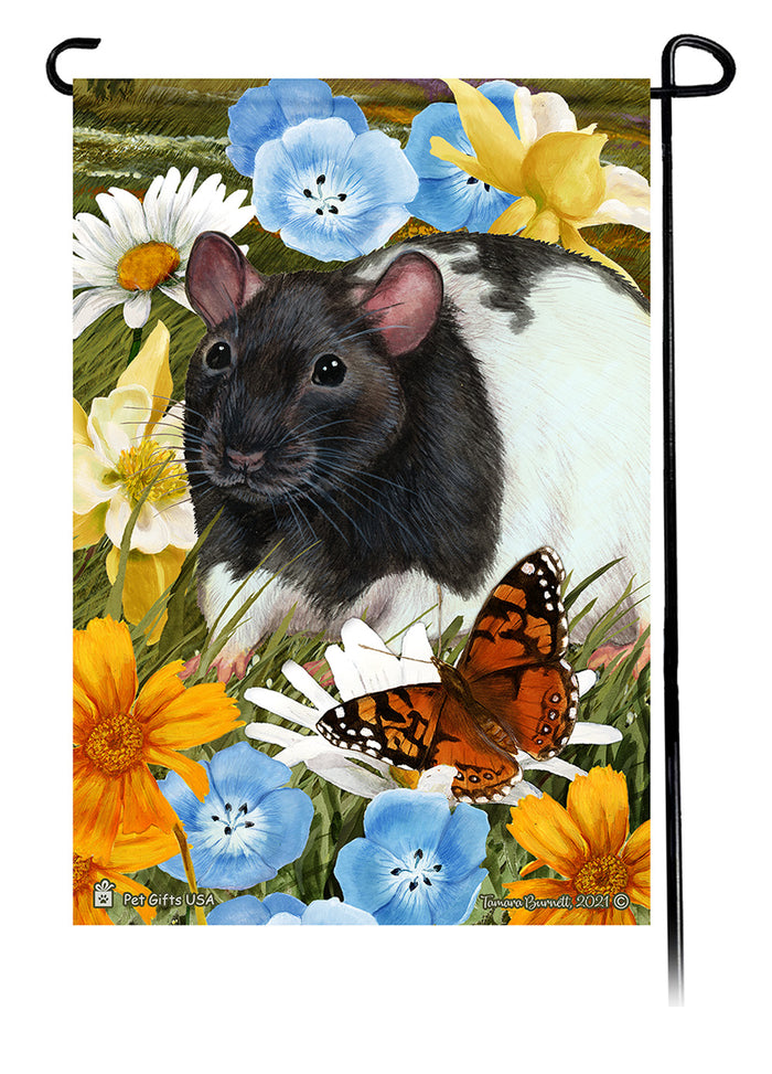 Black & White Hooded Rat Summer Flowers Garden Flags