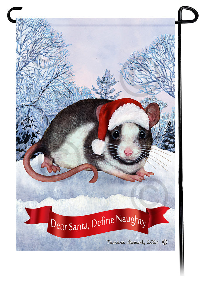 Black & White Pied Rat Dear Santa Define Naughty Garden Flags