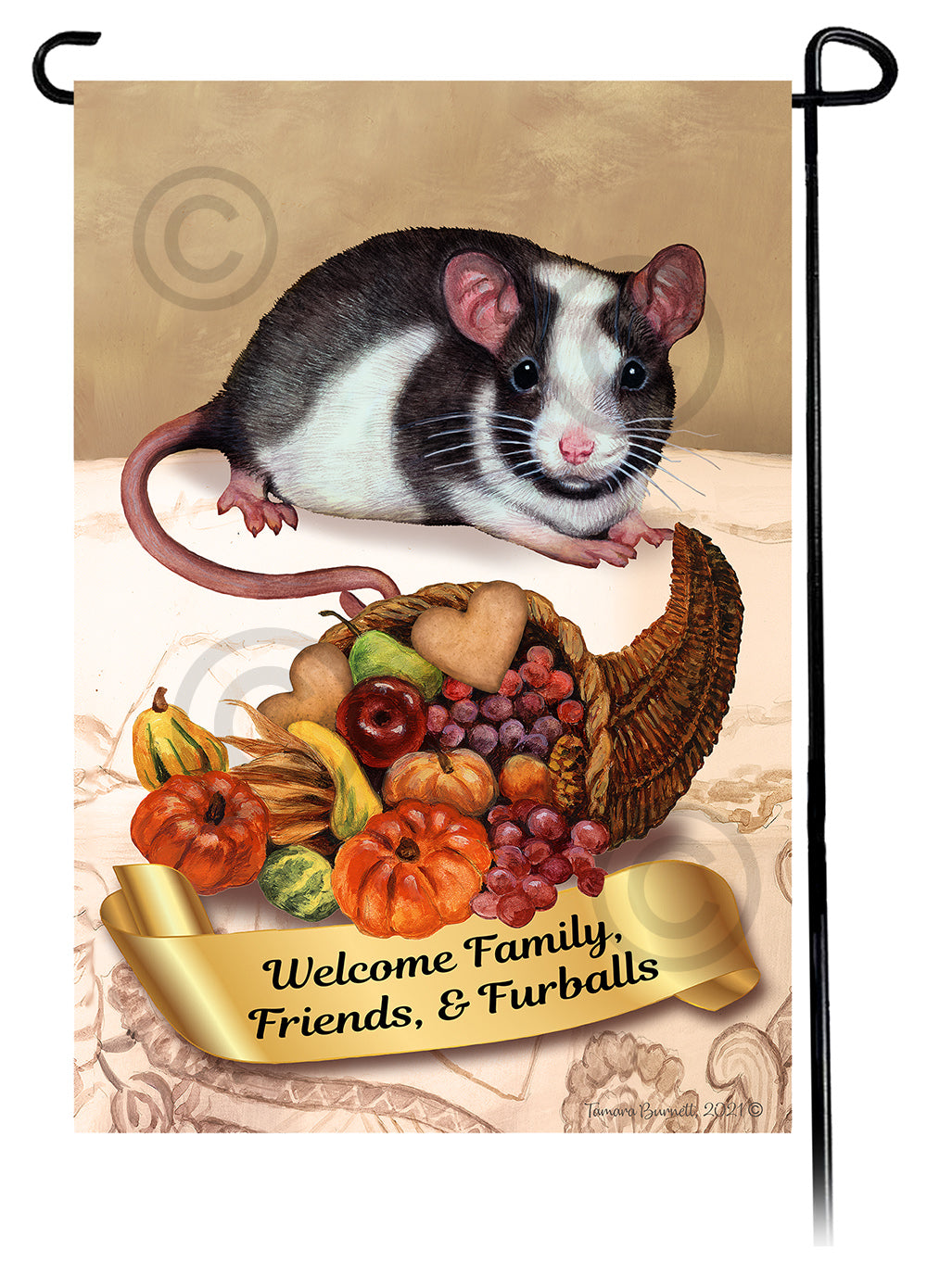 Black & White Shorthair Cat Thanksgiving - Garden Flag
