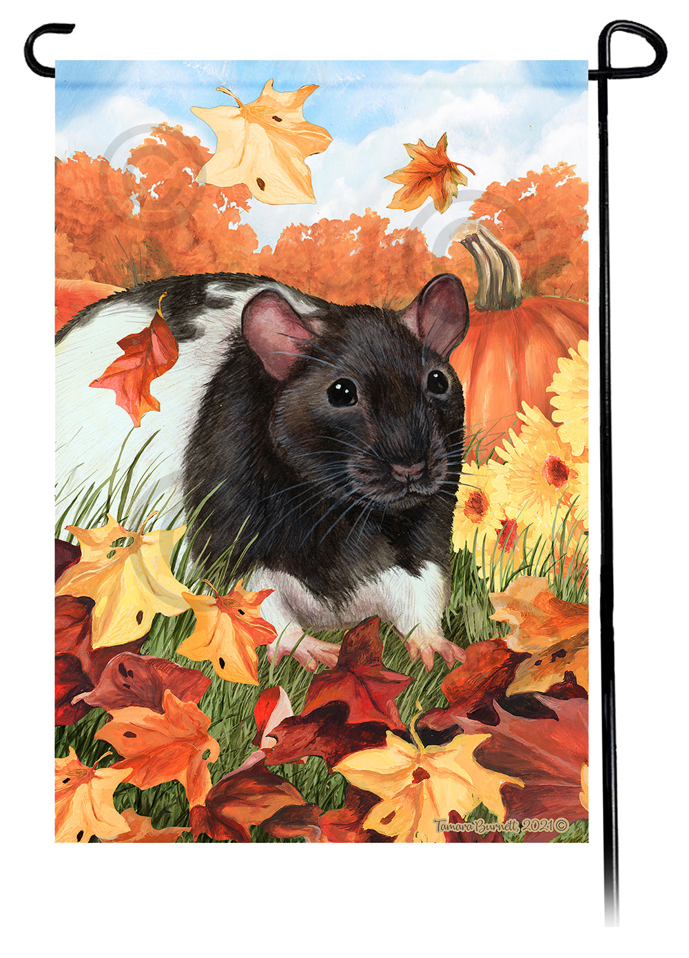 Black & White Hooded Rat Falling Leaves Garden Flags