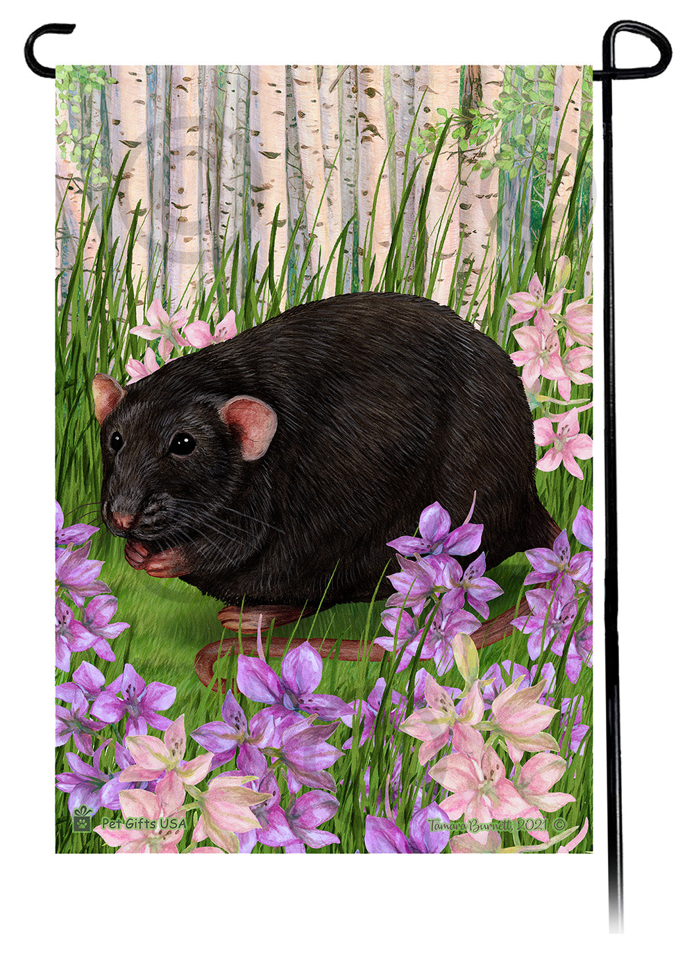 Black & White Hooded Rat Spring Flowers - Garden Flag