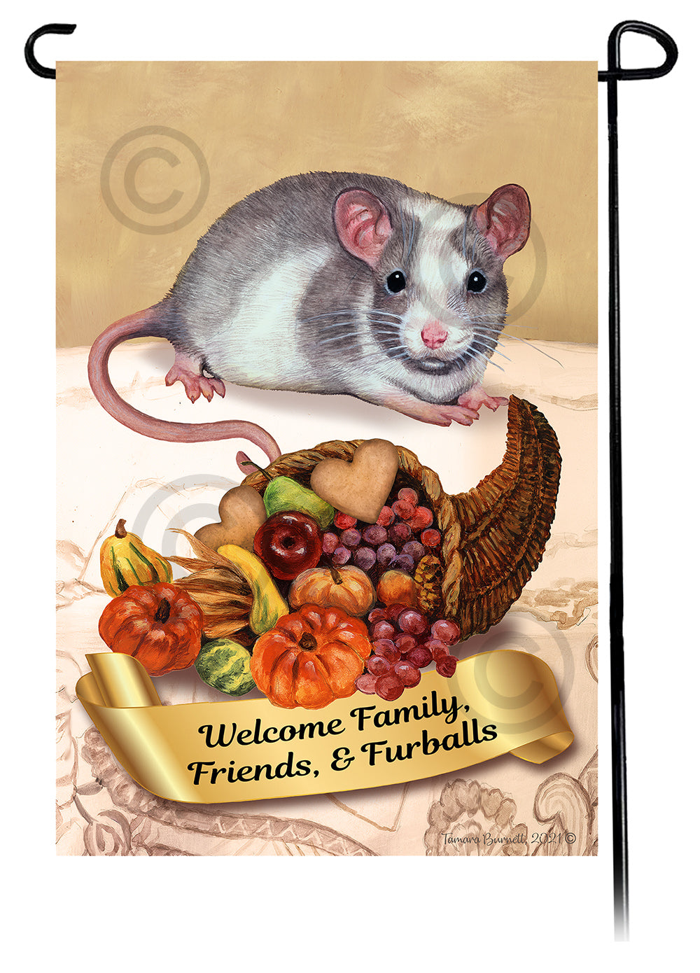 Black & White Shorthair Cat Thanksgiving - Garden Flag