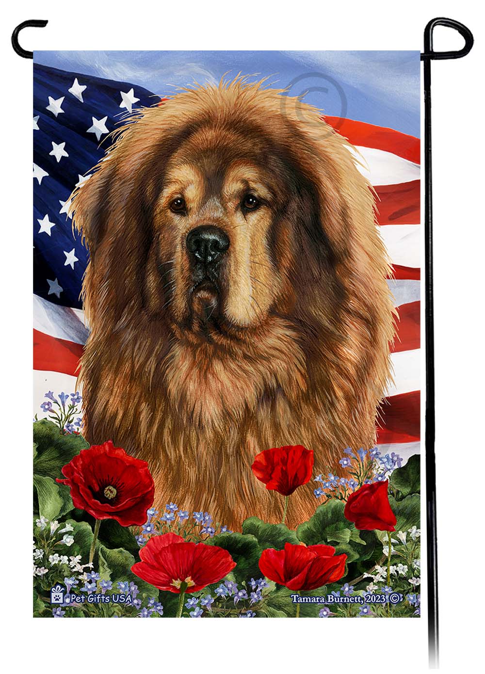 Tibetan Mastiff Patriotic Flowers - Garden Flag