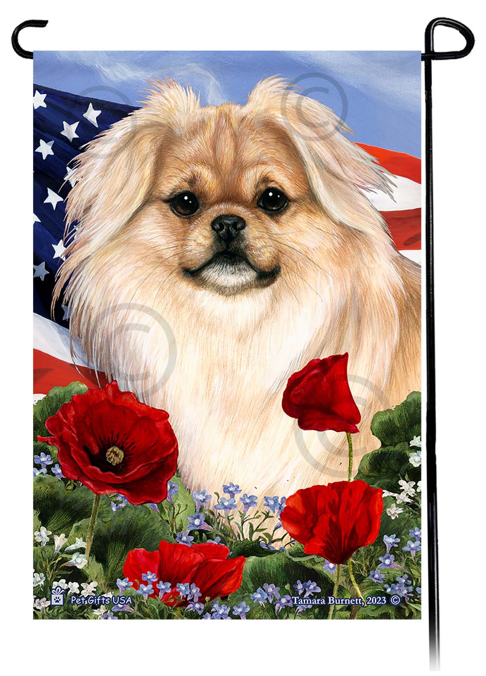 Tibetan Spaniel Patriotic Flowers Garden Flags