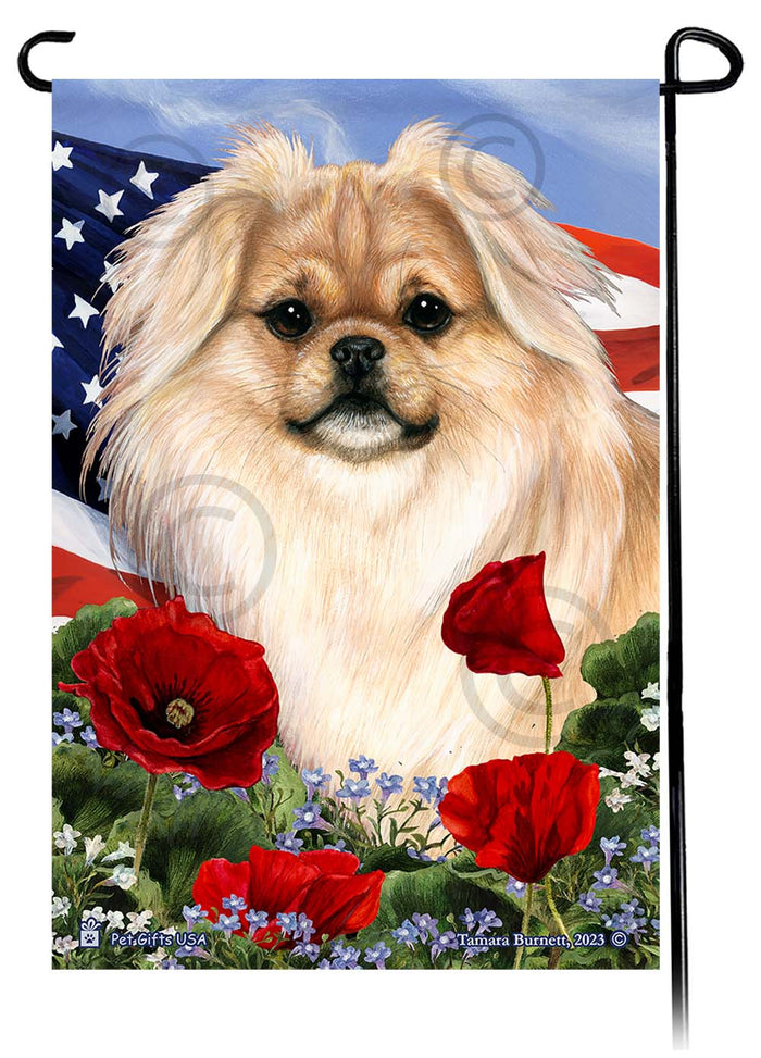 Tibetan Spaniel Patriotic Flowers Garden Flags