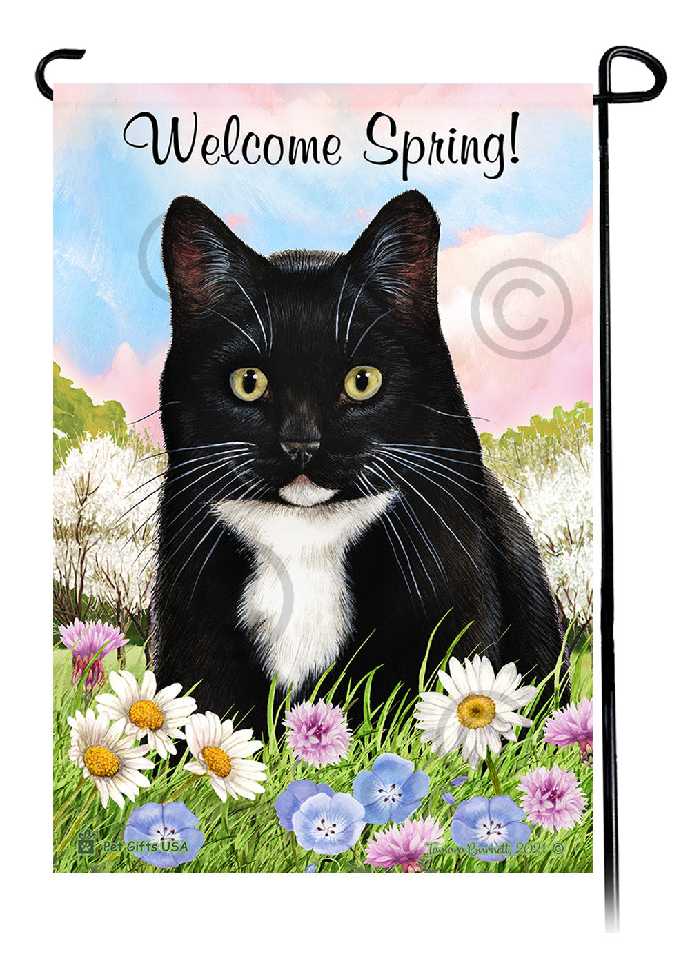 Tuxedo Cat Welcome Spring Garden Flags