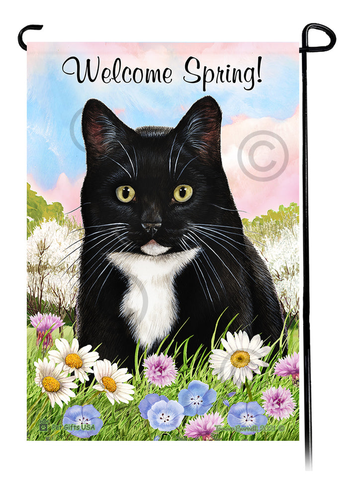 Tuxedo Cat Welcome Spring Garden Flags