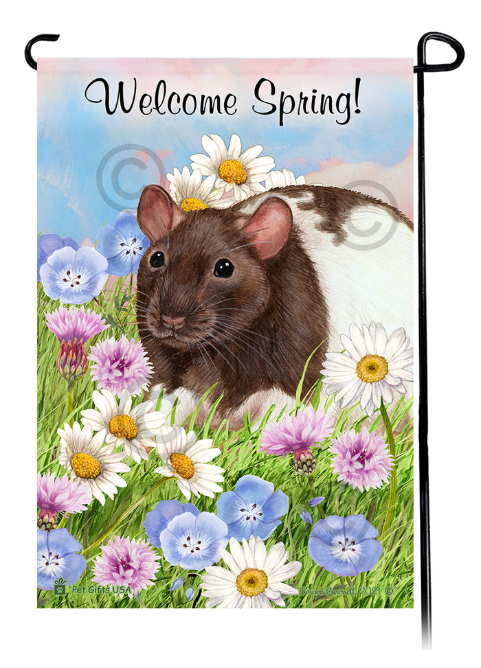 Chocolate & White Hooded Rat Welcome Spring Garden Flags