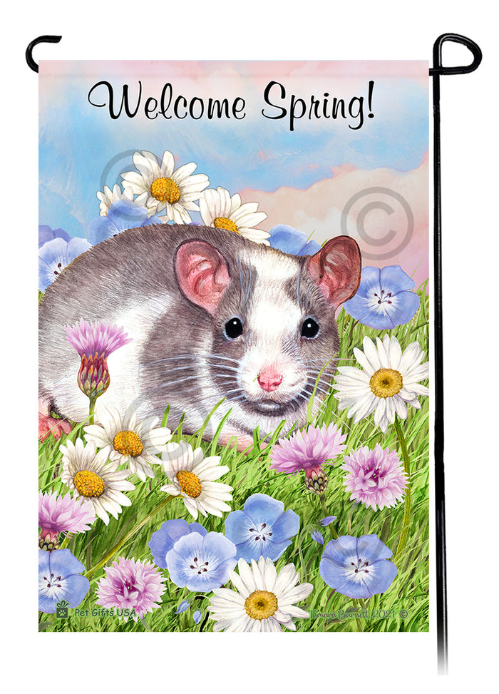 Grey & White Pied Rat Welcome Spring Garden Flags