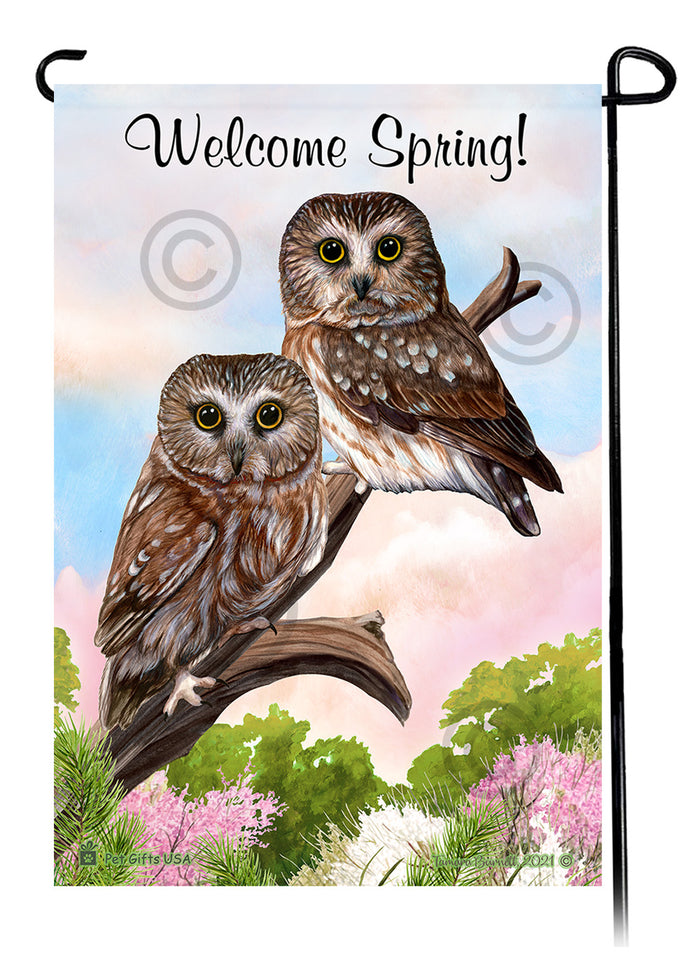 Saw Whet Owl Welcome Spring Garden Flags