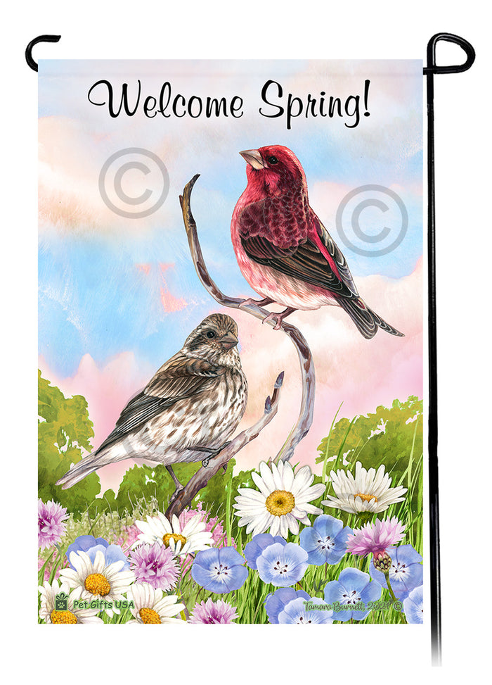 Purple Finch Welcome Spring Garden Flags