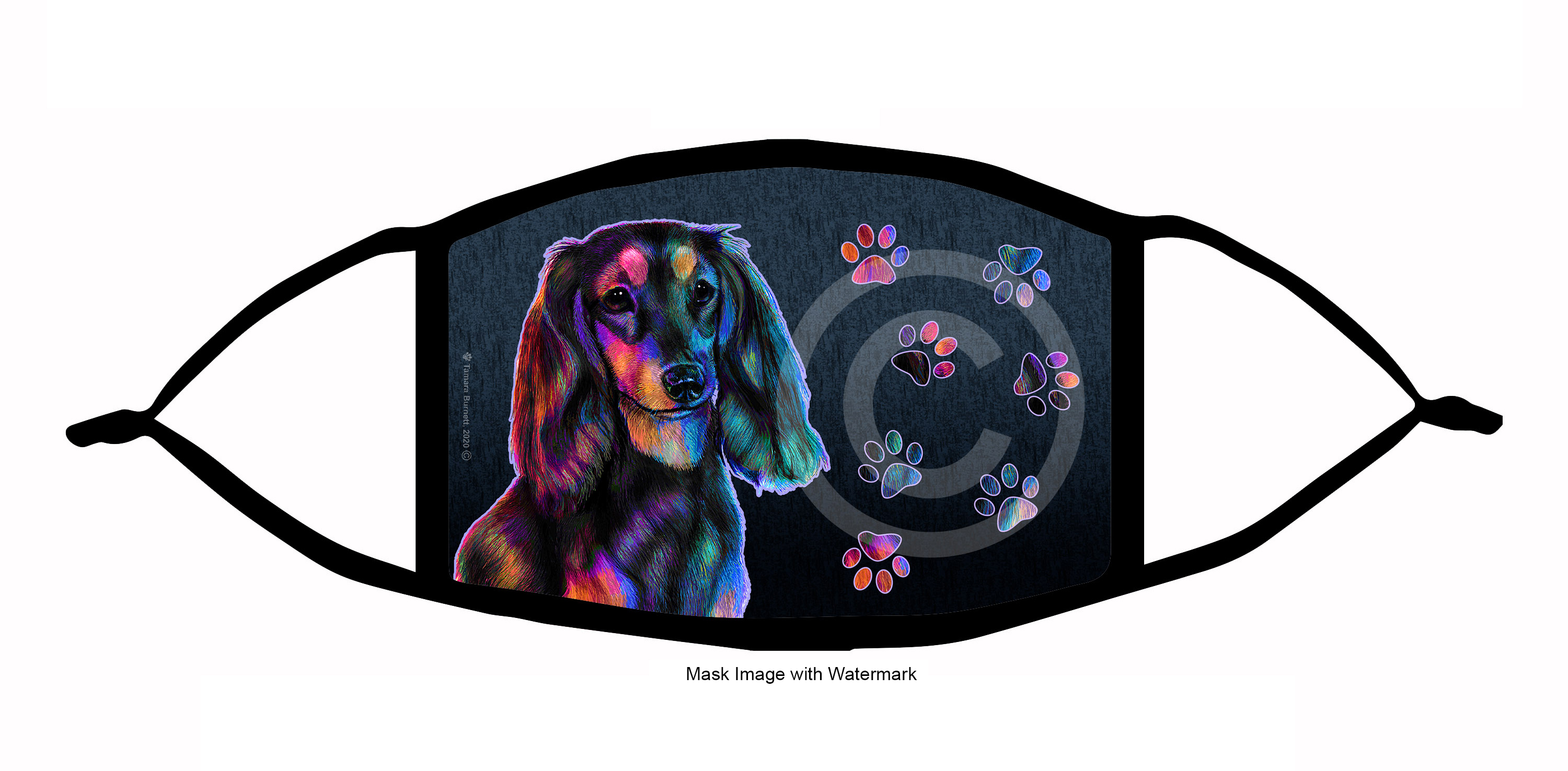 An image of product 10105 Dachshund (Longhaired Black and Tan) Funky Pups Cloth Face Mask