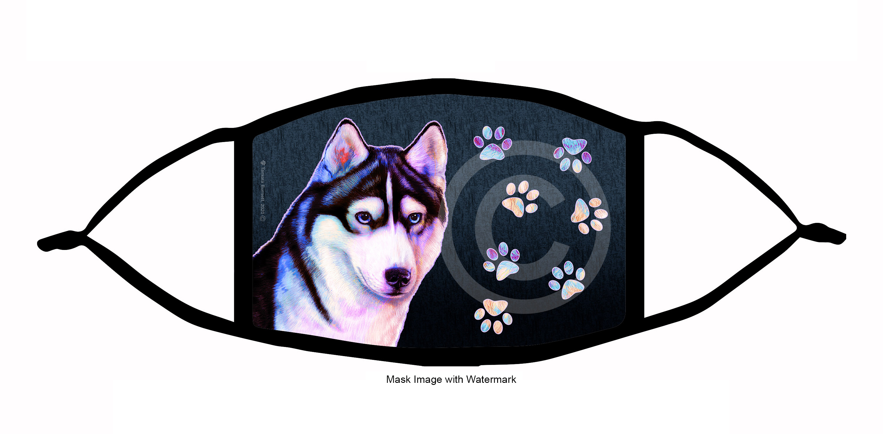 An image of product 10177 Siberian Husky (Black and White Blue eyes) Funky Pups Cloth Face Mask
