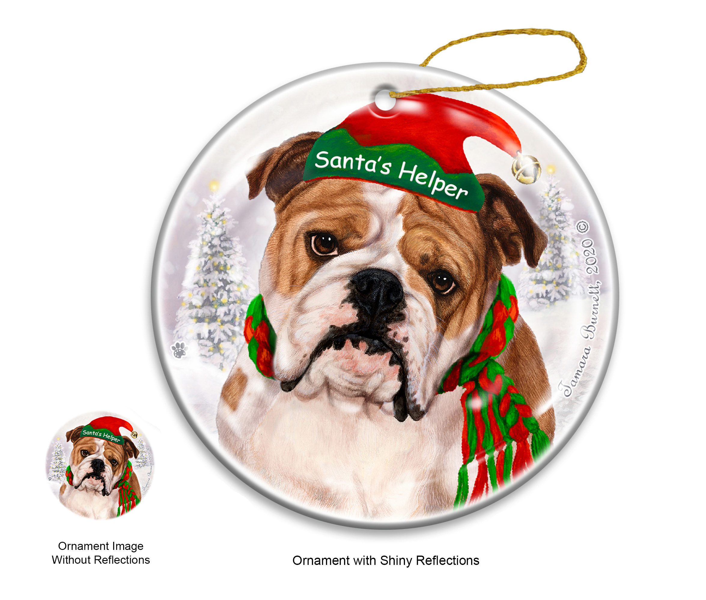 Bulldog Tan & White English - Santa's Helper Ornament image