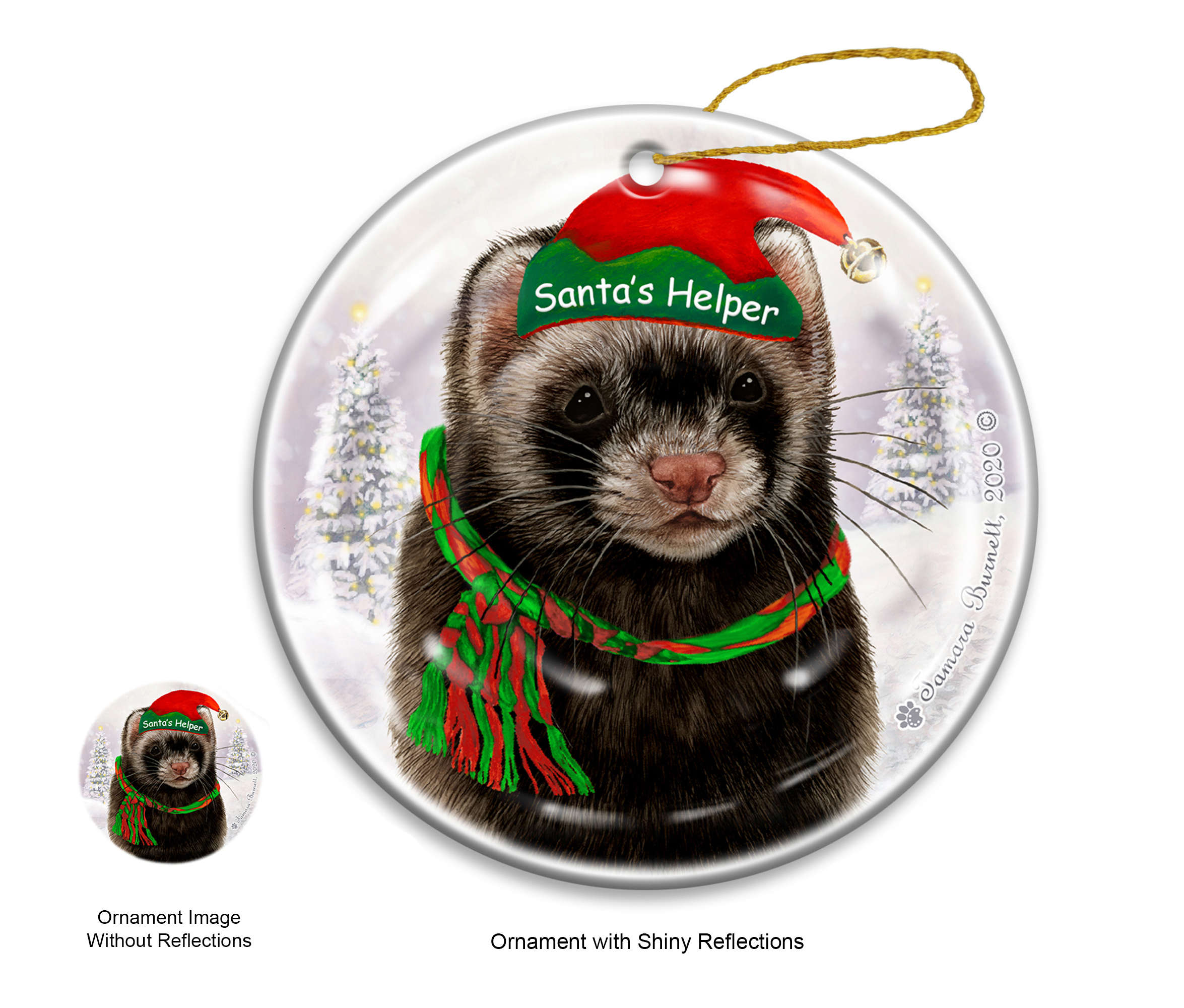 An image of the Ferret Black Sable - Santa's Helper Ornament