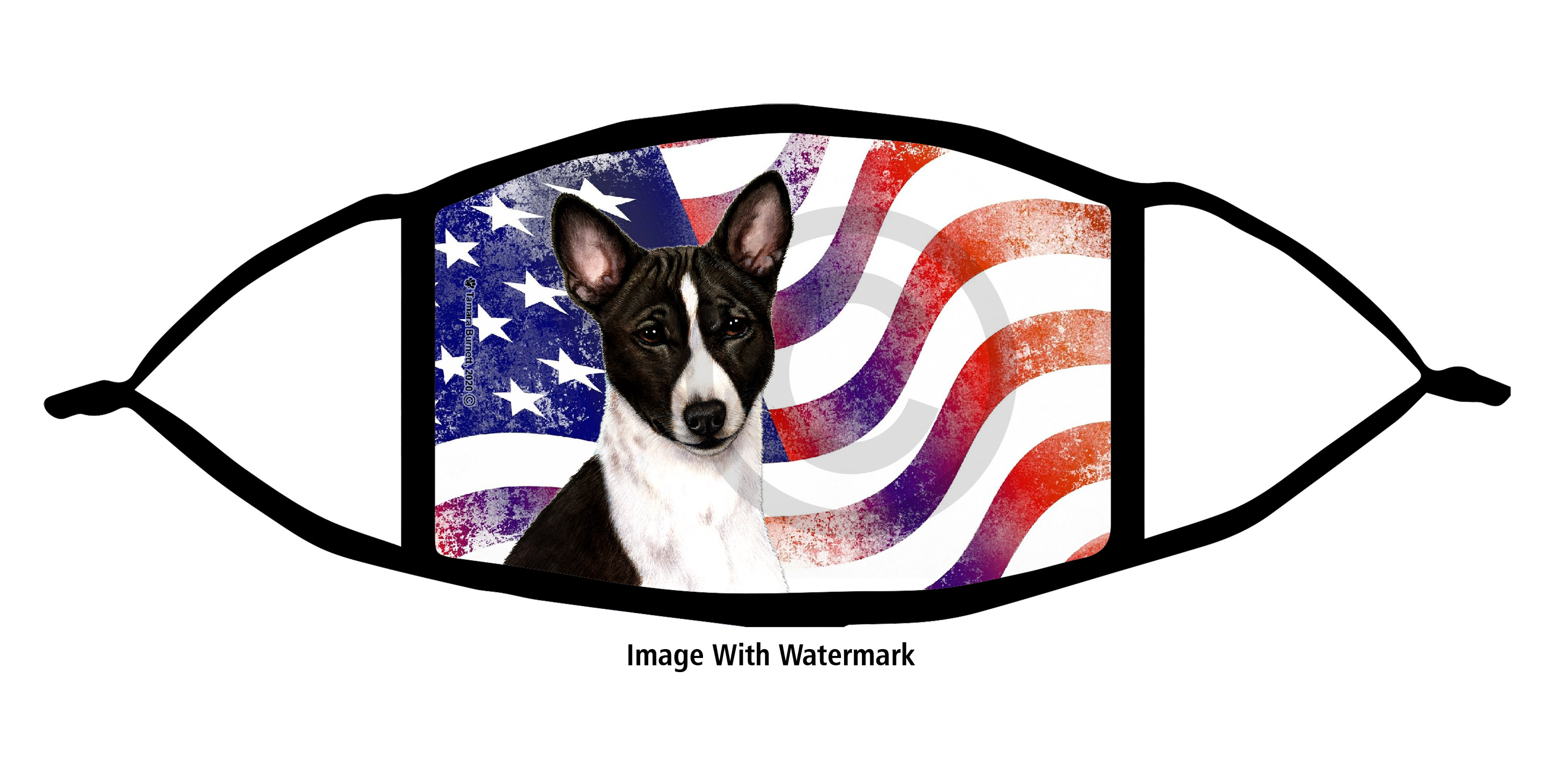 An image of product 11755 Basenji (Black and White) Patriotic Pups Cloth Face Mask