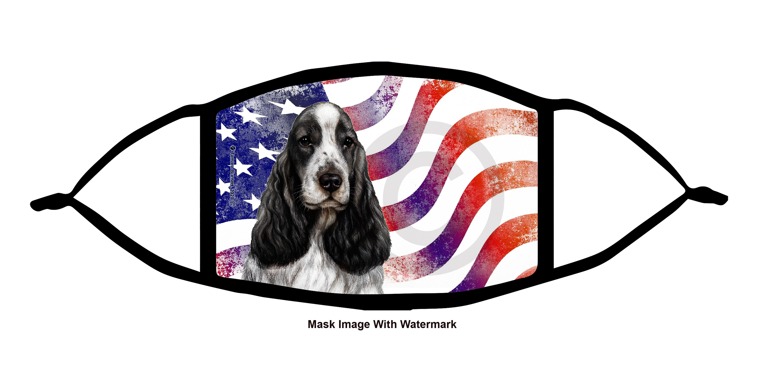 An image of product 12068 English Cocker Spaniel (Black and White) Patriotic Pups Cloth Face Mask