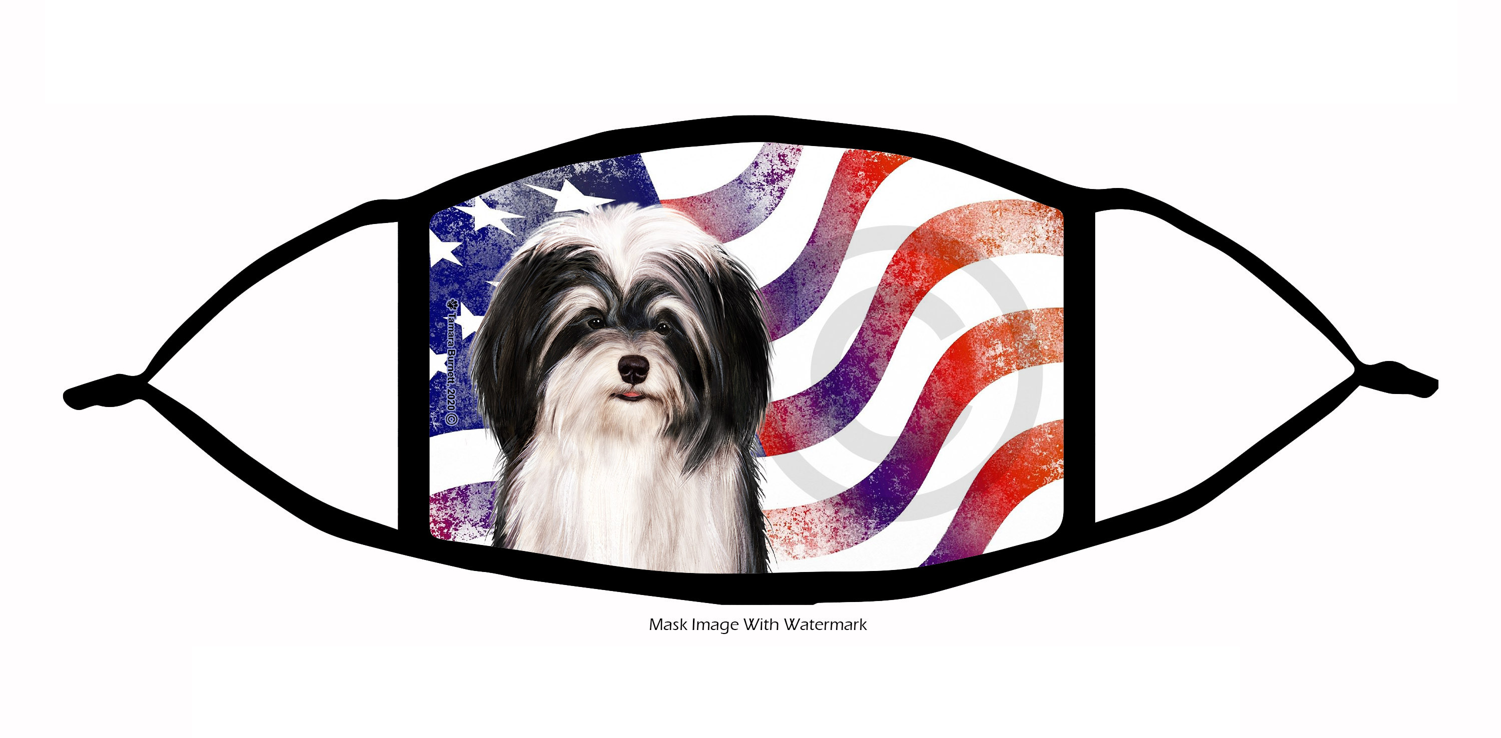 An image of product 12099 Havanese (Black and White) Patriotic Pups Cloth Face Mask