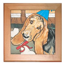 Basset Hound Dog Kitchen Ceramic Trivet Framed in Pine 8" x 8" image