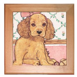An image of product 12873 English Cocker Dog Kitchen Ceramic Trivet Framed in Pine 8" x 8"