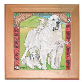 An image of product 12898 Great Pyrenees Dog Kitchen Ceramic Trivet Framed in Pine 8" x 8"