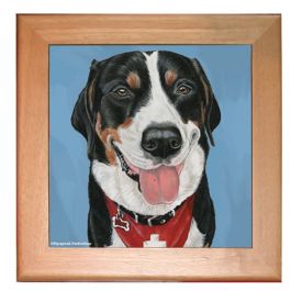 An image of product 12899 Greater Swiss Mountain Dog Kitchen Ceramic Trivet Framed in Pine 8" x 8"