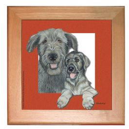 An image of product 12910 Irish Wolfhound Dog Kitchen Ceramic Trivet Framed in Pine 8" x 8"
