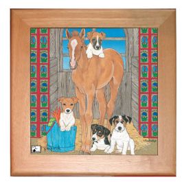 An image of product 12912 Jack Russell Terrier Dog Kitchen Ceramic Trivet Framed in Pine 8" x 8"