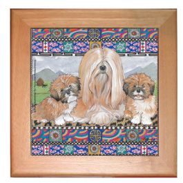 An image of product 12931 Lhasa Apso Dog Kitchen Ceramic Trivet Framed in Pine 8" x 8"