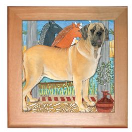 An image of product 12938 Mastiff Dog Kitchen Ceramic Trivet Framed in Pine 8" x 8"