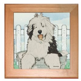 An image of product 12942 Old English Sheepdog Dog Kitchen Ceramic Trivet Framed in Pine 8" x 8"