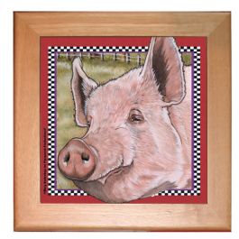 An image of product 12949 Pig Kitchen Ceramic Trivet Framed in Pine 8" x 8"