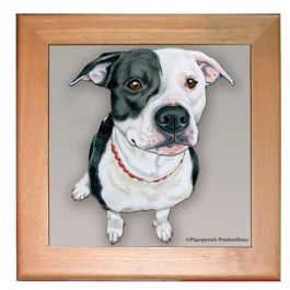 An image of product 12950 Pit Bull Dog Kitchen Ceramic Trivet Framed in Pine 8" x 8"