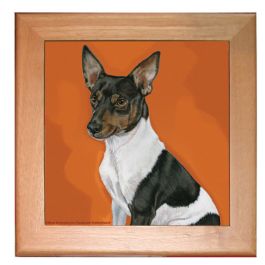 An image of product 12966 Rat Terrier Dog Kitchen Ceramic Trivet Framed in Pine 8" x 8"
