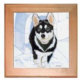 An image of product 12991 Siberian Husky Dog Kitchen Ceramic Trivet Framed in Pine 8" x 8"