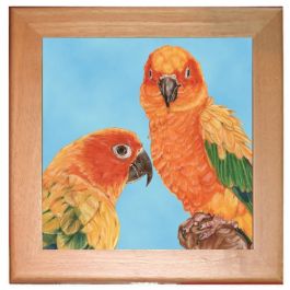 An image of product 12996 Sun Conure Parrot Kitchen Ceramic Trivet Framed in Pine 8" x 8"