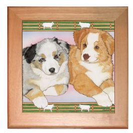 Australian Shepherd Aussie Dog Kitchen Ceramic Trivet Framed in Pine 8" x 8" image