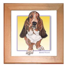 Basset Hound Dog Kitchen Ceramic Trivet Framed in Pine 8" x 8" image