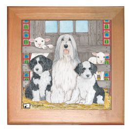 An image of product 13010 Bearded Collie Dog Kitchen Ceramic Trivet Framed in Pine 8" x 8"