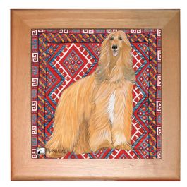 An image of product 13023 Afghan Hound Dog Kitchen Ceramic Trivet Framed in Pine 8" x 8"