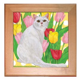 White Cat Kitchen Ceramic Trivet Framed in Pine 8" x 8" image