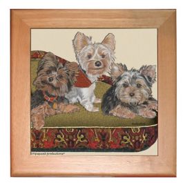 An image of product 13036 Yorkshire Terrier Yorkie Dog Kitchen Ceramic Trivet Framed in Pine 8" x 8"