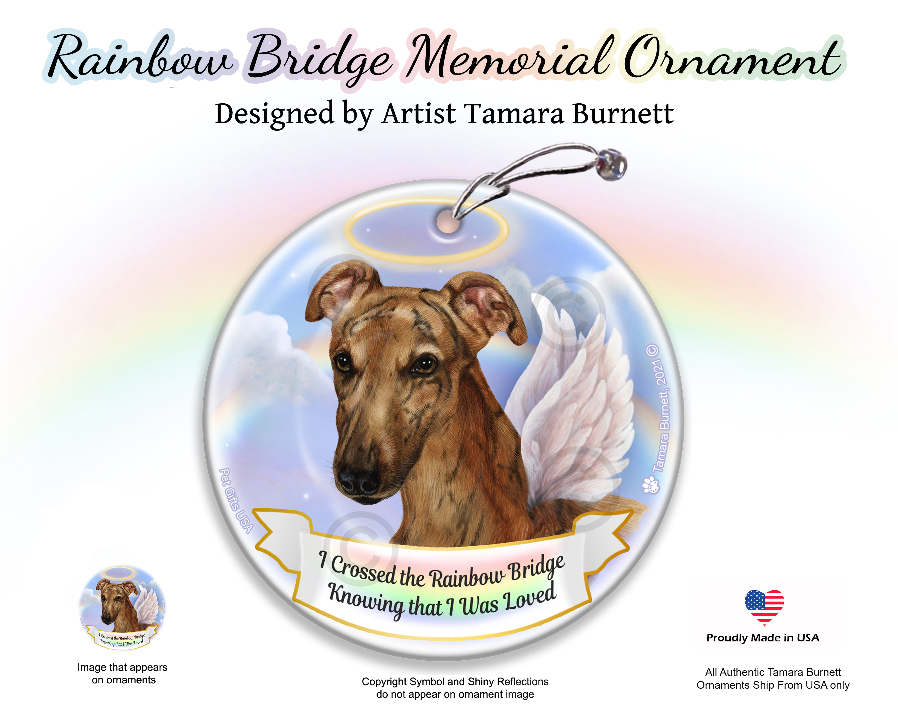 Greyhound Brindle Red Rainbow Bridge Memorial Ornament image