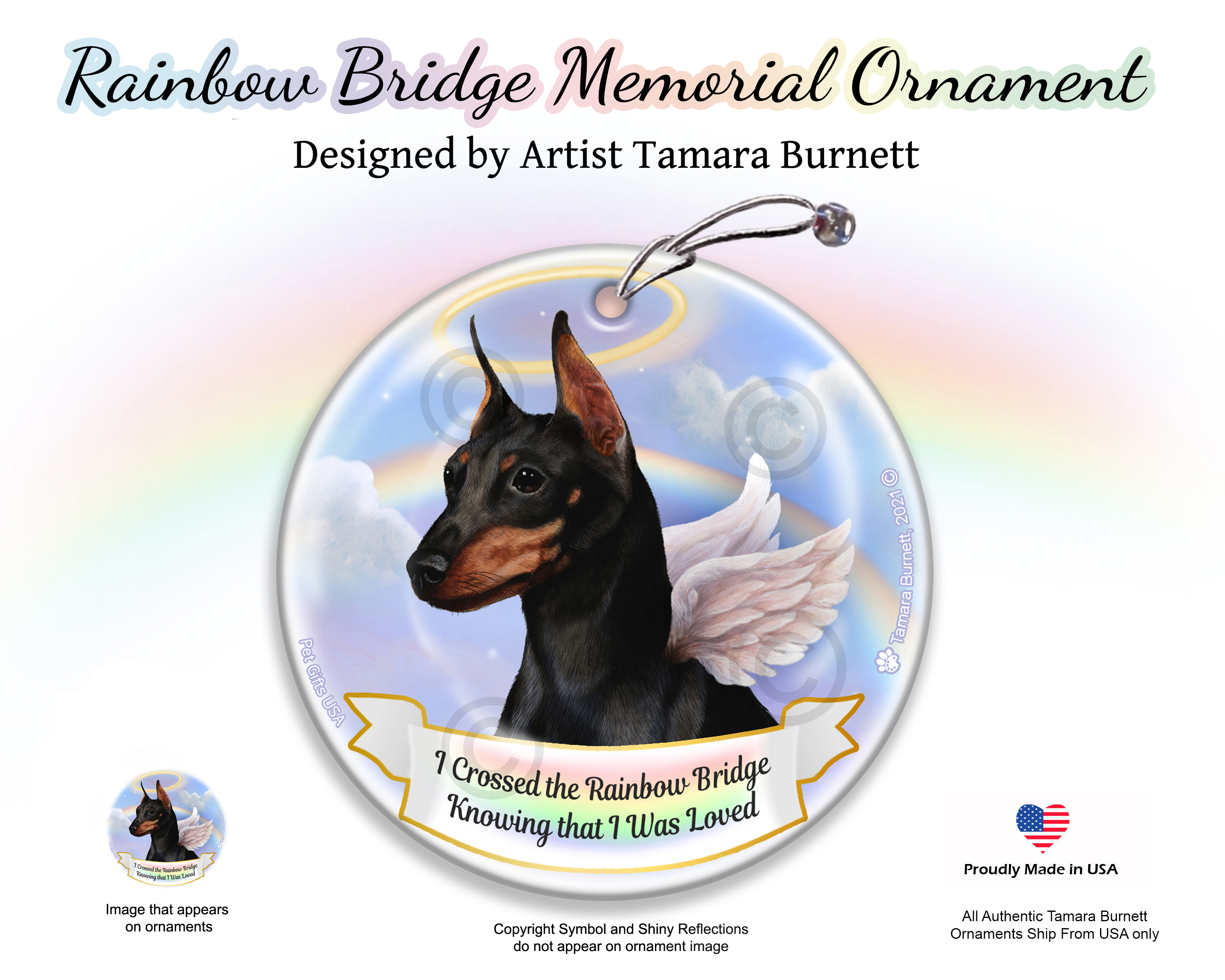 An image of the Min Pin Cropped  Black Rainbow Bridge Memorial Ornament
