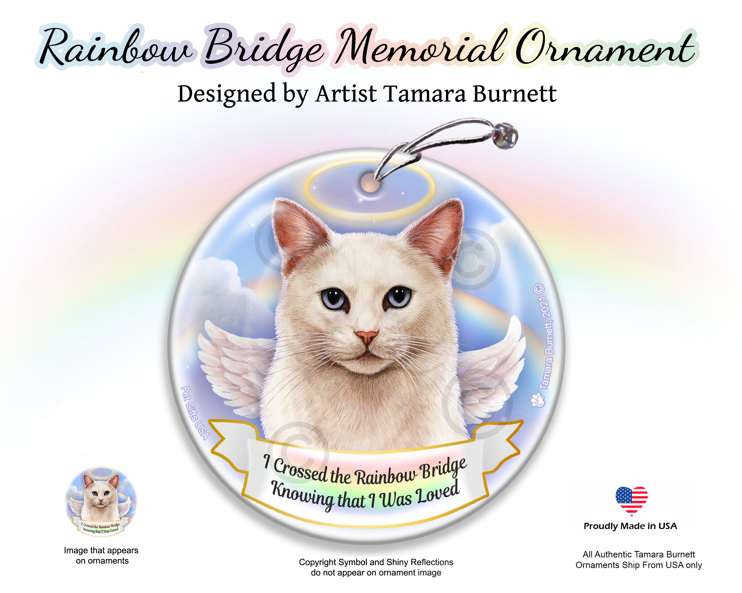 White Cat, SH, Blue-Eyed Rainbow Bridge Memorial Ornament Image