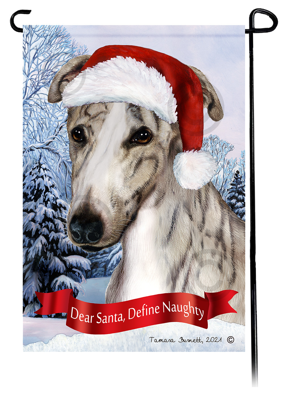 Greyhound Fawn Brindle Dear Santa, Define Naughty - Garden Flag image